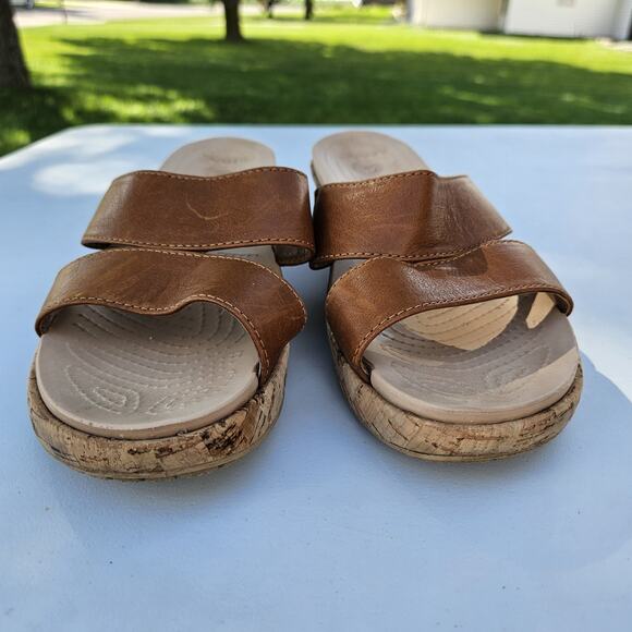 Crocs A-Leigh Brown Leather Cork Wedge Slide Platform Sandals Women’s 9 # 16205 - Picture 4 of 12